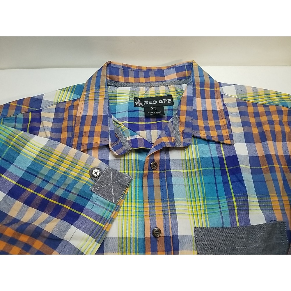Red Ape Men's Size XL Colorful Short Sleeve Plaid Button Up Shirt Designer style